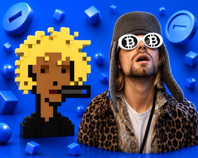 A vibrant blue 3D-rendered image featuring a man wearing Bitcoin sunglasses and a leopard print jacket next to a pixelated blonde character, surrounded by cryptocurrency coins.