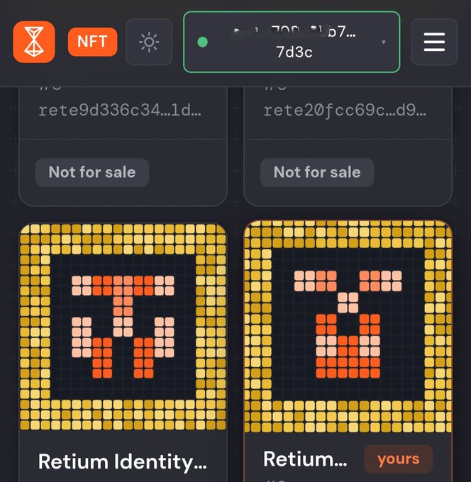 A screenshot of an NFT marketplace showing two pixel art identity tokens labeled 'Retium Identity' and 'Retium...' (marked 'yours'), both currently 'Not for sale', with a wallet address ending in '7d3c' displayed at the top.
