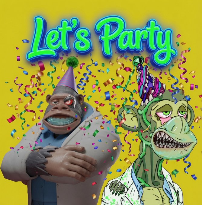A vibrant "Let's Party" graphic featuring a CGI gorilla and a cartoon dinosaur character, both wearing party hats and surrounded by colorful confetti against a bright yellow background.