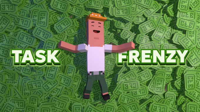 A thumbnail image featuring a Minecraft character with arms outstretched against a background of green money bills, with the bold text 'TASK FRENZY' overlaid.