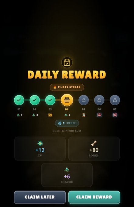 A mobile game 'DAILY REWARD' screen showing an 11-day streak with days 1-3 claimed (D4 available) offering +12 XP, +80 Bones, and +6 Shards, with 'CLAIM LATER' and 'CLAIM REWARD' buttons.