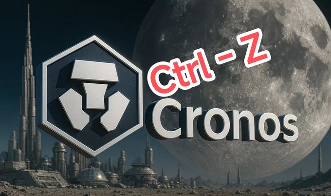 A promotional graphic with 'Ctrl-Z Cronos' text over a futuristic cityscape on the left and a large detailed moon on the right, featuring a geometric Crypto.com-style logo.