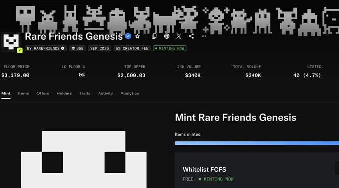 A screenshot of an NFT collection page titled "Rare Friends Genesis" by RAREFRIENDS, showing a floor price of $3,179.00, 24H volume of $340K, and 40 listed items.