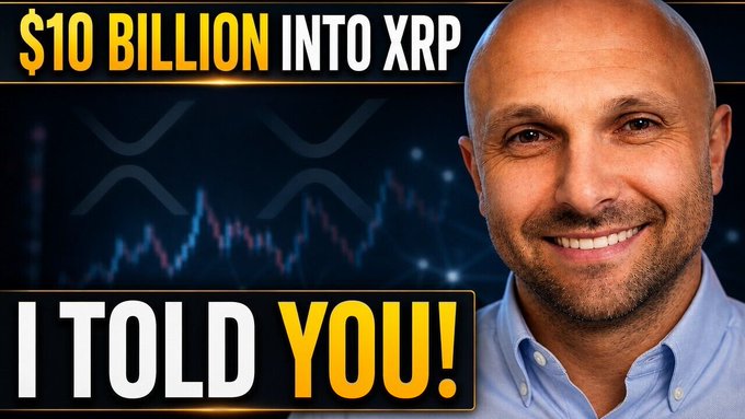 The image features a man wearing a blue shirt, with his face showing a big smile as he looks directly at the camera. Behind him, there's a large graph that shows fluctuations of a currency over time, represented by multiple lines crossing each other in an X shape pattern. Below the smiling man, there is text that reads "market update: $XRP $10B shift explained today". The man and the market updates are positioned relative to each other, with the man standing in front of the graph.