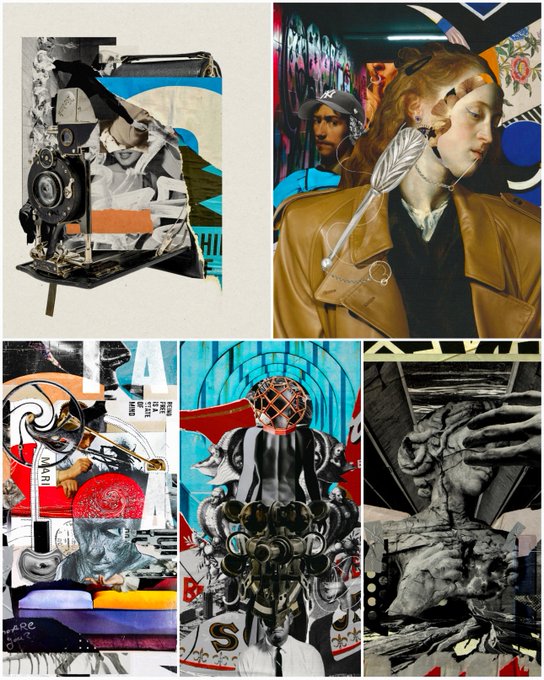 A collage of mixed-media artworks showing various figures, including a person in a yellow jacket with a feather, a mechanical-looking figure with horns, and other abstract collage pieces with text like "LA" and "PAR" visible.