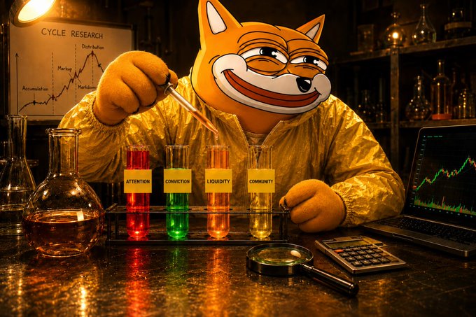 A cartoon Shiba Inu mascot in a gold lab coat uses a pipette to dispense liquid into test tubes labeled "ATTENTION," "CONVICTION," "LIQUIDITY," and "COMMUNITY," set against a backdrop of a "CYCLE RESEARCH" chart and a trading screen displaying a green chart. The image visually represents the alchemy of memecoin investing—mixing community, liquidity, and conviction into a winning formula—which ties to the post's declaration of final belief in the Bonk token (solana:61qNX1UoKDMypgDJzNGFra3Mb6DQPyUmf6zDayZ7bonk) as the "leading coin."