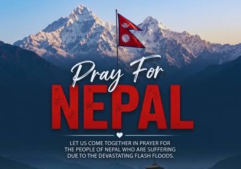 The image features a scenic mountain landscape with Nepal's flag waving prominently, overlaid with the message "Pray For Nepal - Let us come together in prayer for the people of Nepal who are suffering due to the devastating flash floods." 

While the post is actually announcing a paid brand collaboration opportunity inspired by Solana, with proceeds going to charity, the image itself appears mismatched—promoting prayers for Nepal's flood victims rather than directly referencing the user's fundraising initiative.