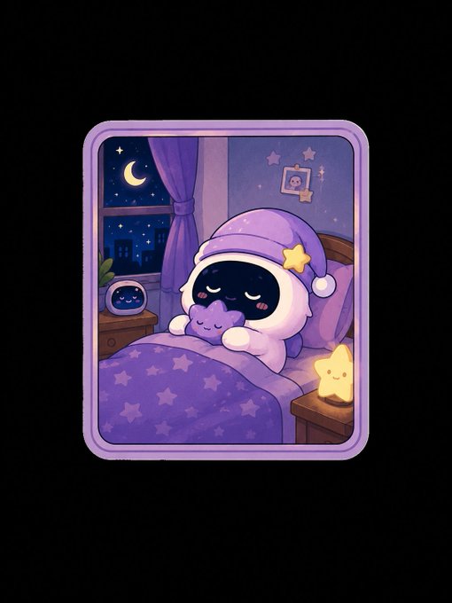 The image features a cartoon character, possibly a cat or a dog, wearing a hat with stars on it while lying down in bed next to a pillow. The background of the image shows a night scene with a crescent moon and stars, creating a cozy atmosphere for the sleeping character. The caption below the image reads: "Good afternoon all X champ, @sleepagotchi rewards healthy habits and daily consistency. @useTria focuses on making onboarding simple and accessible for everyone. @River4fun brings fresh social and community-driven experiences on-chain."