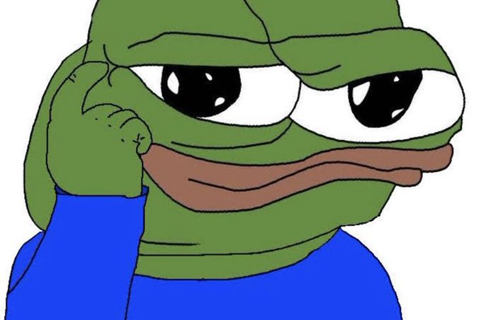 The "Sad Pepe" meme, depicting a sad green frog with large glossy eyes and a frown, resting its head on its hand.