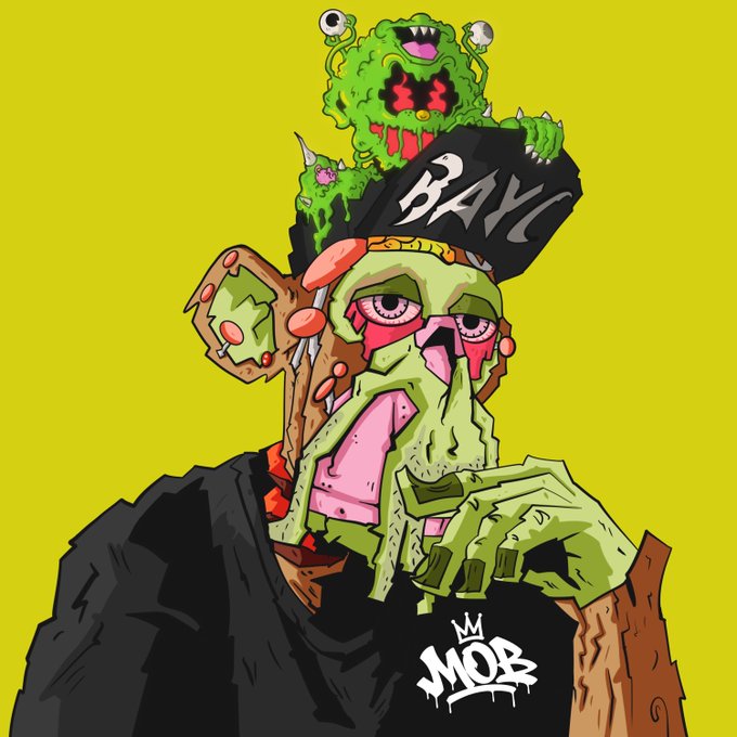 The illustration is a stylized, grotesque cartoon of a green-skinned character with bulging eyes and a wide mouth, wearing a dark cap labeled "BAMC" with a small green monster and a "MOB" logo on his shirt—merging elements from Bored Ape Yacht Club and the Wacky Ville communities as referenced in the post.