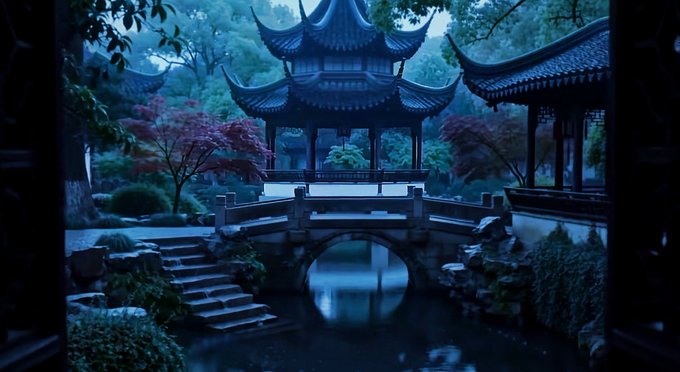 A serene scene of a traditional Chinese-style pavilion and arched stone bridge over a misty pond, surrounded by lush trees and illuminated by cool blue light.