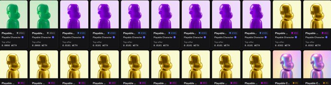 A grid of NFT profile picture collectibles featuring a purple 'Playable Character' character with various color variants (green, purple, gold) and on-chain data including WETH prices.