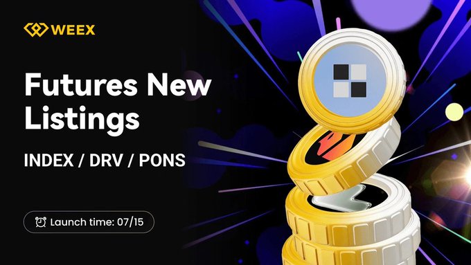 A WEEX promotional graphic announces new futures listings for INDEX, DRV, and PONS with a launch time of 07/15, featuring a stylized stack of gold coins on a dark background with colorful light streaks, complementing the post's announcement of the HINDEX, DRV, and PONS listing on July 15, 2026.