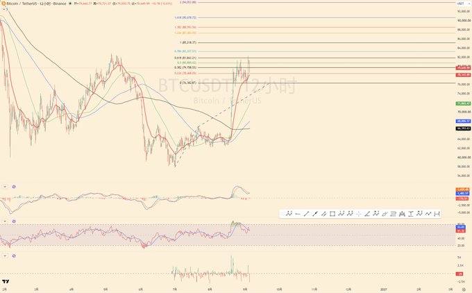 This image shows a Bitcoin/TetherUS (BTC/USDT) 12-hour candlestick chart on Binance, displaying price action between approximately $64,000-$75,000 with moving averages and technical indicators (RSI/Stochastic oscillators) at the bottom. The chart visually supports the post's claim by illustrating Bitcoin's recent strong price rally and consolidation pattern, reinforcing the author's argument that Bitcoin operates with its own distinct capital pool independent from altcoin movements.