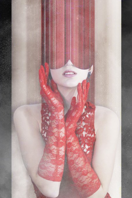 A surreal artistic portrait features a pale-skinned figure wearing red lace gloves and a red veil or curtain covering their eyes, with only their lips visible, set against a muted background.