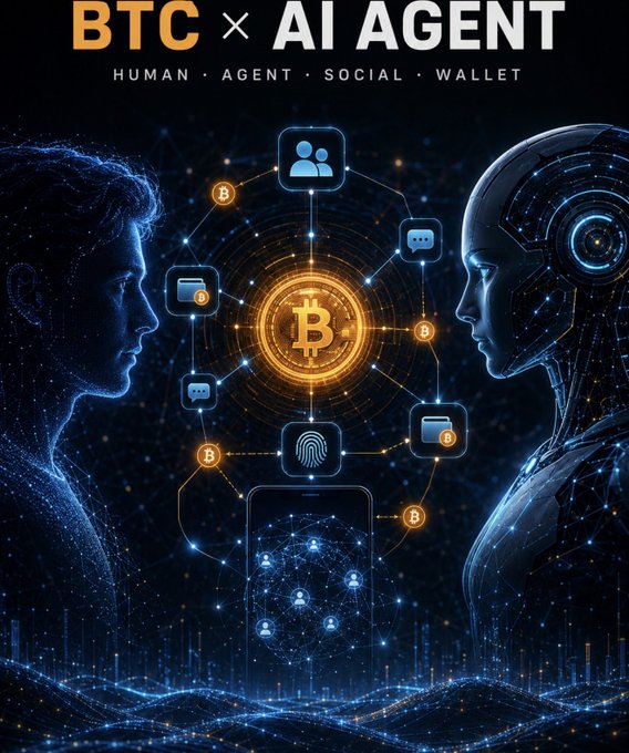 A digital graphic titled 'BTC x AI AGENT' with the words 'HUMAN · AGENT · SOCIAL · WALLET' shows a glowing Bitcoin symbol connected to icons between a human profile and an AI robot.