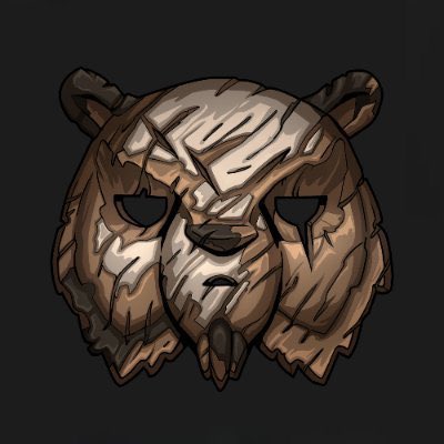 A stylized illustration depicts a bear's head designed to look like it's carved from wood, with visible bark textures and dark, hollow eyes.