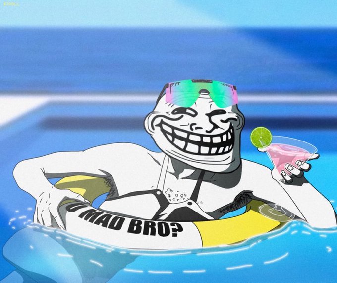 A troll-faced character in a bikini floats in a pool holding a pink cocktail, with the text "$MAO BRUH?" visible on a flotation device and "100x" tagged in the corner. The image humorously ties into the $TROLL pump narrative by depicting a confident, smirking troll unbothered by doubters, embodying the "time to troll or get trolled" energy.