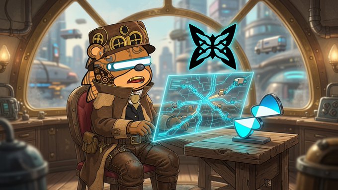 A steampunk-styled teddy bear wearing goggles and a top hat sits at a wooden desk, interacting with a holographic blue interface displaying a network map and a butterfly icon.