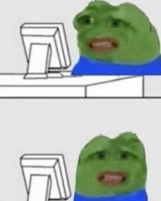 A two-panel image of the 'Sad Frog' or 'Pepe the Frog' meme, showing the character sitting at a computer desk with a distressed expression on his face.