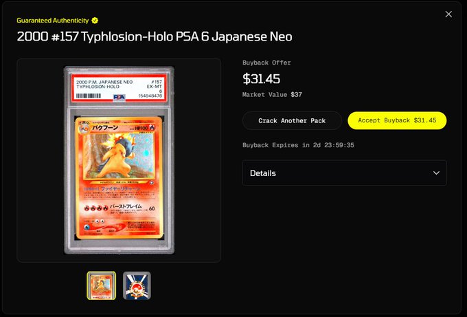A screenshot showing a PSA 6 graded 2000 #157 Japanese Neo Typhlosion-Holo card pulled from a pack. The interface displays a buyback offer of $31.45 and a market value of $37.