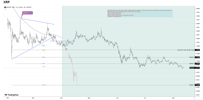 The image shows a TradingView price chart for XRP/USDT from January to August, displaying a significant downward trend where the price fell from a late-January high near $3.30 (labeled "Hợp nhất" / Consolidation) to around $0.97, breaking through multiple support levels (0.786, 0.618, 0.5, 0.382, 0.236 Fibonacci levels) — humorously illustrating the post's question "#XRP làm gì mà phải vội thế" (Why does XRP have to be in such a hurry [to drop]).