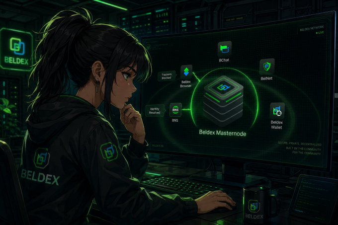 An anime-style illustration of a person with a ponytail working at a computer showing the Beldex network and Masternode connections in a cyberpunk setting.