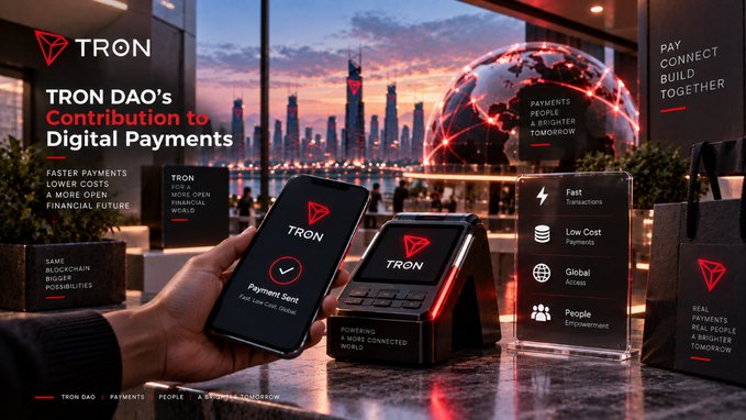 A promotional image for 'TRON DAO's Contribution to Digital Payments' showing a smartphone and POS terminal with the TRON logo, alongside icons highlighting fast transactions, low costs, global access, and people empowerment.