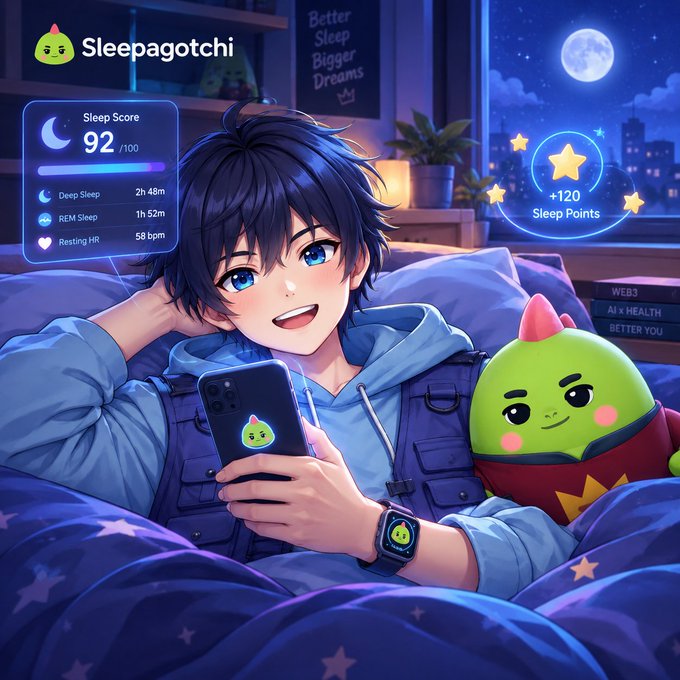 The image is a promotional illustration for "Sleepagotchi," showing an anime-style character in bed checking their smartphone alongside a green dragon-like mascot, with a Sleep Score of 92/100 displayed along with stats for Deep Sleep, REM Sleep, and Resting HR, and a "+120 Sleep Points" reward. This visually reinforces the post's point about Sleepagotchi's gamified approach to sleep tracking, highlighting how the app tracks detailed sleep metrics while rewarding users with points that connect to features like Daily Gacha, Mood Checks, and community tasks in the Loyalty Hub.