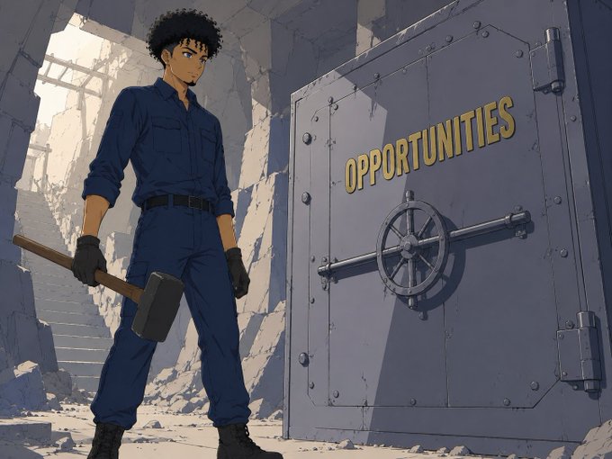 An anime-style illustration of a young man with curly hair holding a sledgehammer, standing in front of a large gray vault door labeled 'OPPORTUNITIES'.