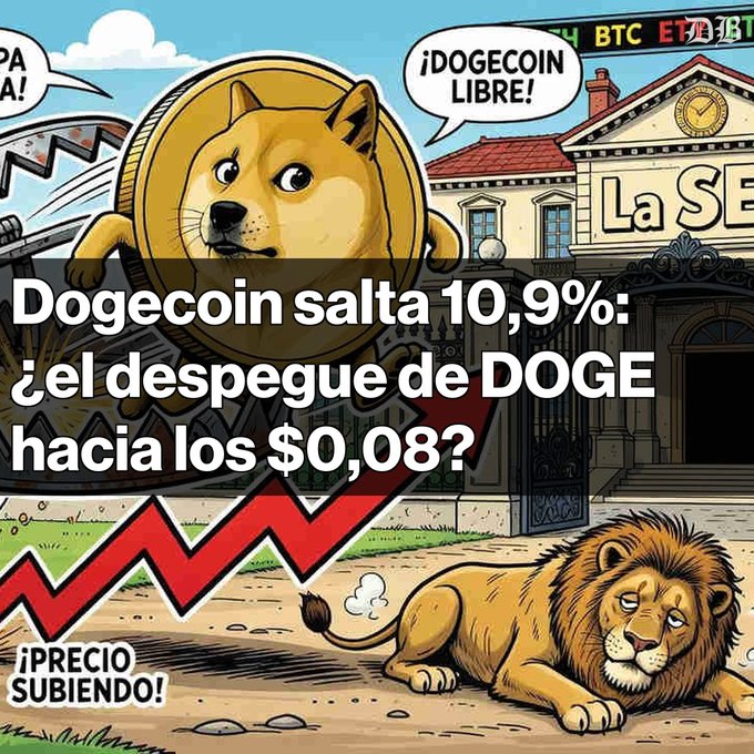 A cartoon-style promotional image announces 'Dogecoin salta 10,9%' with text asking about DOGE's takeoff to $0.08, featuring a Dogecoin character in front of a building labeled 'La SE' and a lion. Speech bubbles read '¡DOGECOIN LIBRE!' and '¡PRECIO SUBIENDO!'.