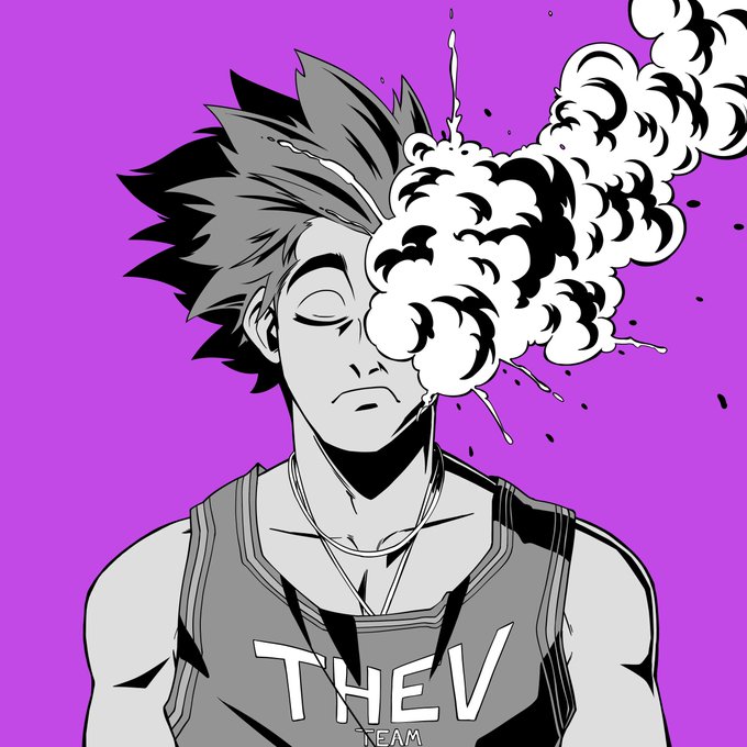 Anime-style drawing of a spiky-haired character wearing a 'THE V TEAM' jersey with smoke or steam emitting from his face on a purple background.