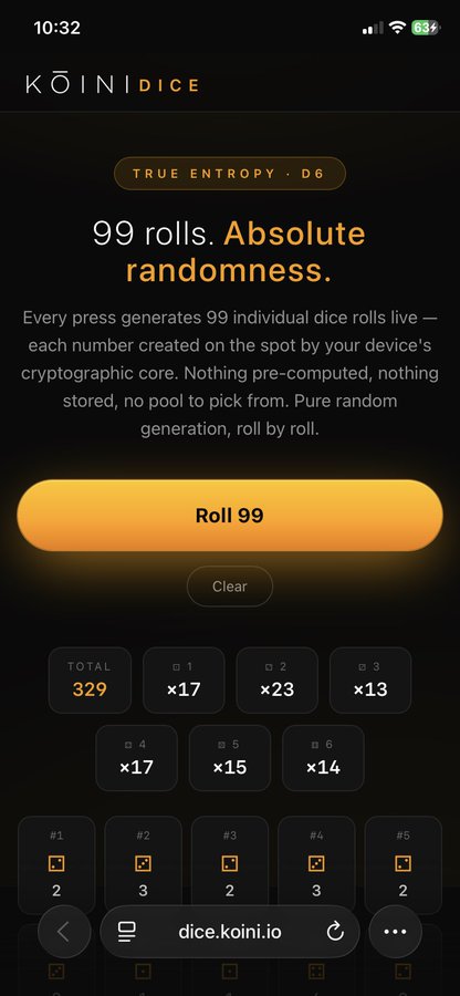 Screenshot of the KŌINI Dice web app at dice.koini.io showing a "99 rolls. Absolute randomness" promo for a D6 dice generator, with a total of 329 rolled across values 1-6 and individual results displayed at the bottom.