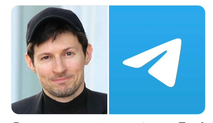 The image is a split composition showing a headshot of a man wearing a black cap on the left, alongside the blue Telegram messenger logo featuring its white paper plane icon on the right. The accompanying post identifies the man as Pavel Durov, Telegram's founder and CEO, who has been charged by Russia with "facilitating terrorism."