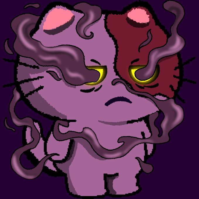 A digital illustration of a small purple cartoon character with tentacle-like appendages, glowing yellow eyes, and a split-tone color scheme (purple and reddish-brown) on a dark purple background.
