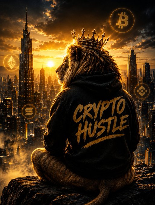 A digital artwork features a lion wearing a crown and a 'CRYPTO HUSTLE' hoodie, sitting on a cliff overlooking a city at sunset with floating cryptocurrency symbols including Bitcoin and Ethereum.