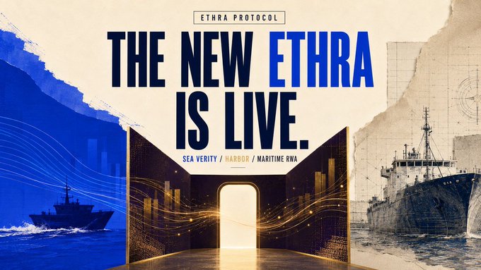 A promotional banner for 'ETHRA PROTOCOL' announces 'THE NEW ETHRA IS LIVE,' featuring 'SEA VERITY / HARBOR / MARITIME RWA' alongside images of naval ships.