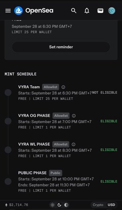 An OpenSea mint schedule page displays a YVRA collection timeline with allowlist and public phases on September 28.