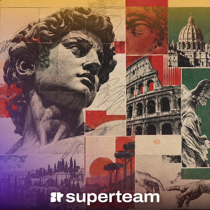 A collage-style graphic featuring classical statues, the Colosseum, and St. Peter's Basilica, with 'superteam' branding at the bottom.