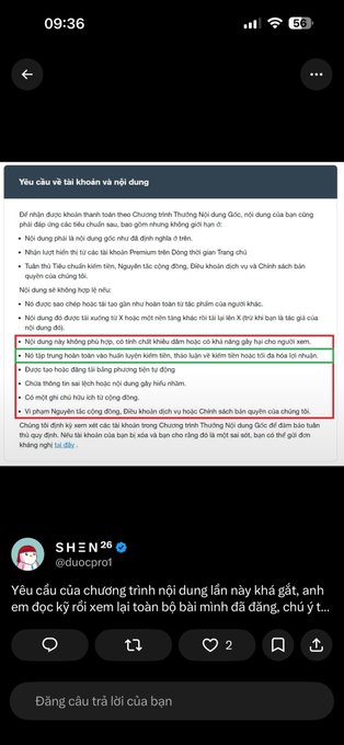 A Twitter (X) screenshot showing a post by 'SHEN' quoting the System Requirements and Conditions of Use for the 'Chương trình nội dung' (Content Program), with a red box highlighting the terms.