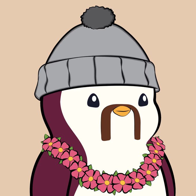 A cartoon illustration of a penguin wearing a gray knit pom-pom beanie and a pink flower lei.