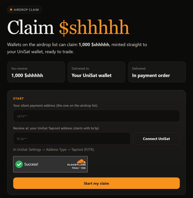 A cryptocurrency airdrop claim webpage titled 'Claim $shhhhh' showing 1,000 $shhhhh tokens to be delivered to a UniSat wallet.