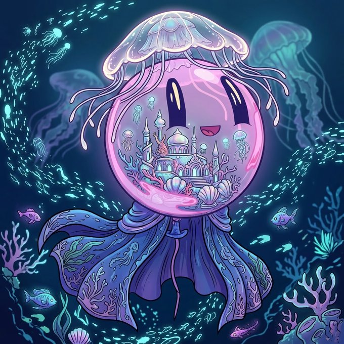 A whimsical digital illustration features a cute pink jellyfish with a translucent bell revealing a miniature underwater castle inside, surrounded by glowing bioluminescent particles, coral, and small fish in a deep blue ocean setting. While the image itself contains no text, it complements the post's giveaway announcement by evoking a magical, treasure-like aesthetic fitting for a NFT drop with ~475 supply.