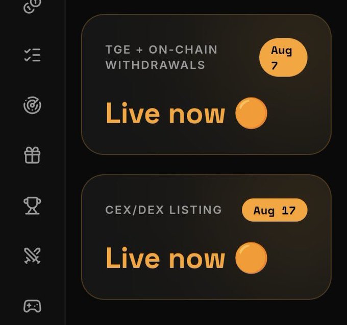 A roadmap graphic displays two milestone cards on a dark background: "TGE + ON-CHAIN WITHDRAWALS" marked "Live now" as of Aug 7, and "CEX/DEX LISTING" also marked "Live now" as of Aug 17. The image highlights the $ORVI token's listed milestones, while the accompanying post questions why the promised CEX/DEX listing appears delayed despite the roadmap showing it as active.