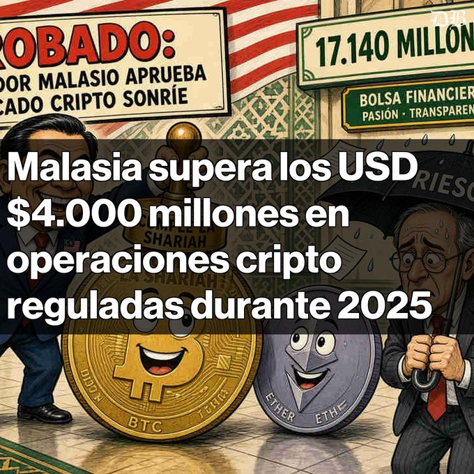 Spanish-language crypto news illustration featuring a Bitcoin and Ethereum coin character, with a sign reading 'APROBADO' and headlines stating 'Malasia supera los USD $4.000 millones en operaciones cripto reguladas durante 2025' alongside text referencing the Malaysian regulator approving crypto exchange 'SONRIE'.