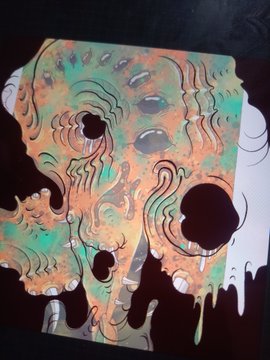 An abstract painting featuring orange and green hues with fluid, dripping forms against a black background.