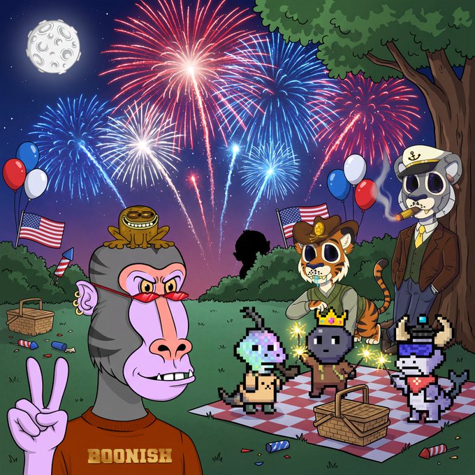 A cartoon 4th of July scene with a Bored Ape-style monkey in a 'BOONISH' shirt giving a peace sign, alongside a tiger, a cigar-smoking captain monkey, and pixel-art NFT characters enjoying a fireworks picnic.