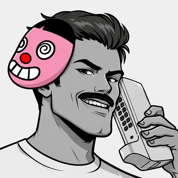 A stylized illustration of a man with a mustache talking on a cordless phone while wearing a pink traditional Japanese mask hanging off the side of his head.