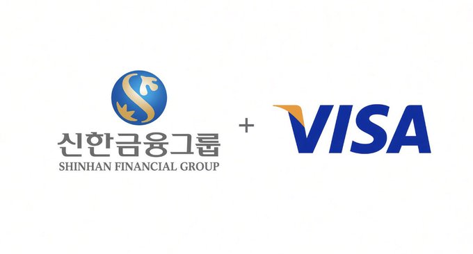 The image displays the Shinhan Financial Group logo alongside the Visa logo, separated by a plus sign, symbolizing their partnership to test stablecoin issuance, remittances, and redemptions using Visa's payment infrastructure.