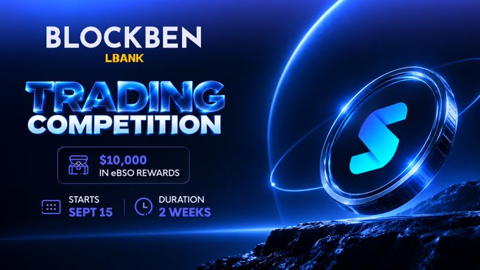 Promotional banner for a 'BLOCKBEN LBANK' Trading Competition offering $10,000 in eBSO rewards, starting September 15 with a duration of 2 weeks.